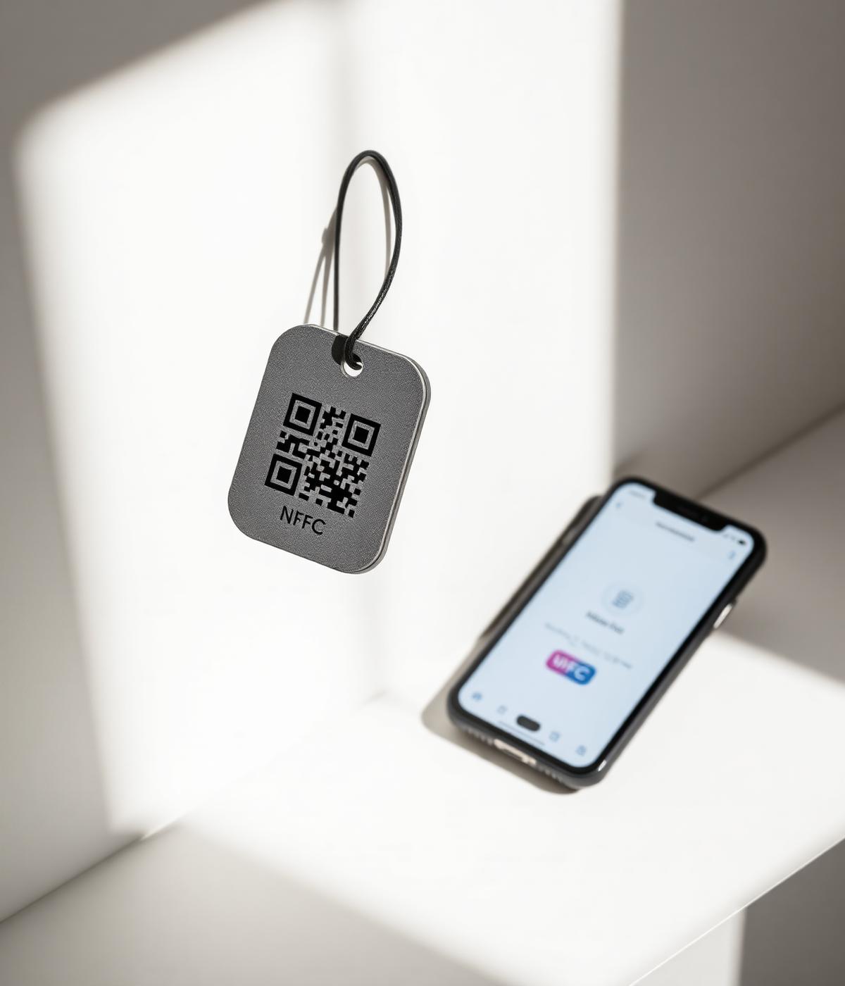 Tag personalizada impressa em 3D com QR Code ao lado de smartphone exibindo landing page