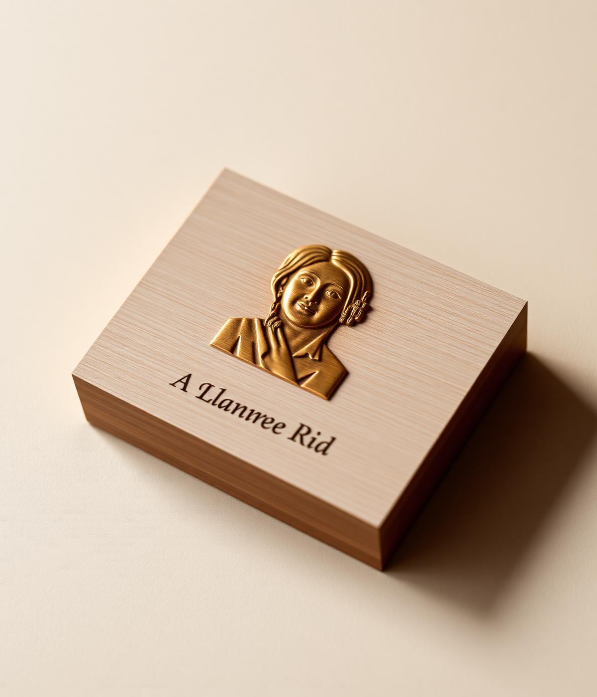 Placa memorial personalizada com relevo em bronze sobre base de madeira clara