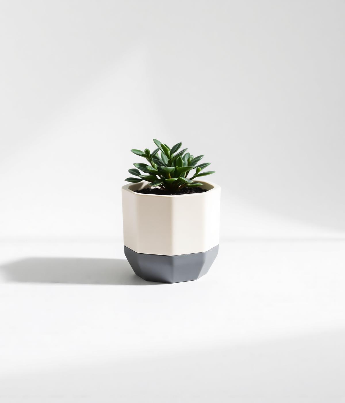 Vaso autoirrigável impresso em 3D com planta em fundo off white