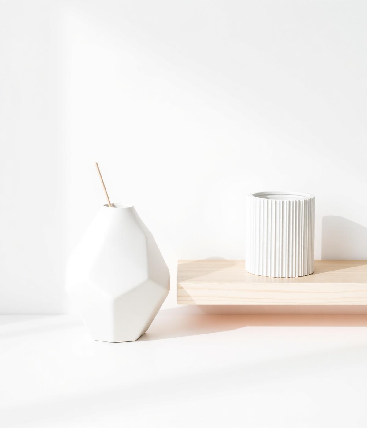 Objetos de decoração impressos em 3D com geometria paramétrica sobre prateleira de madeira