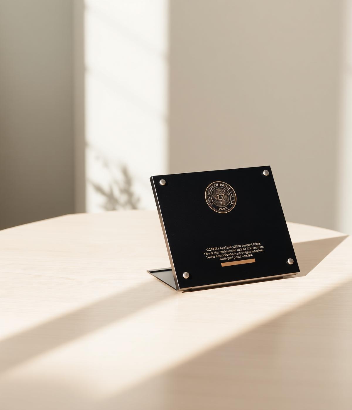 Placa corporativa premium impressa em 3D com detalhe em bronze sobre mesa de madeira clara