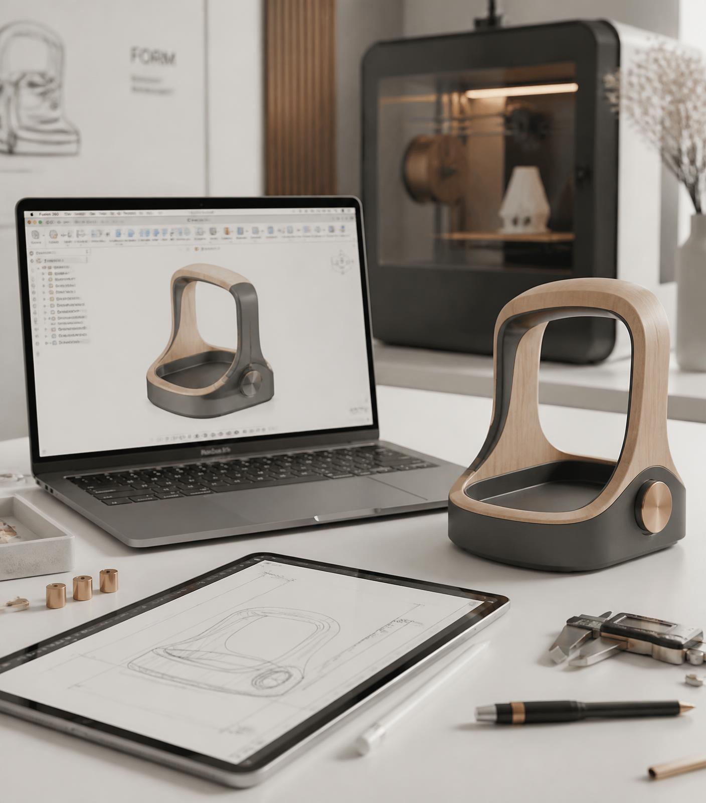 Estúdio de design de produtos da HenBu com modelagem CAD no Fusion 360, tablet com blueprint, peça impressa em 3D e impressora 3D ao fundo
